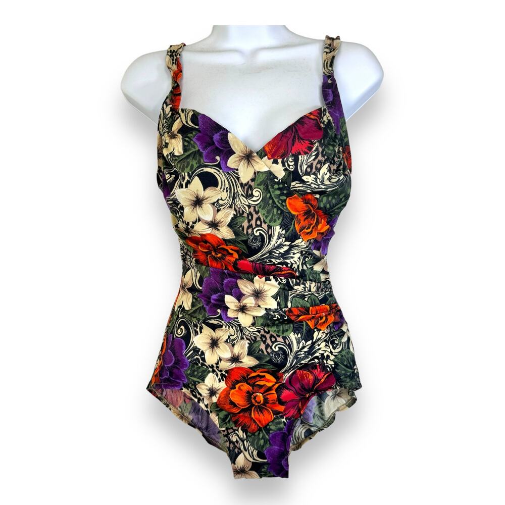 Vintage Ruched Surplice One-Piece Swimsuit Tropical Floral 8 Pinup Beach